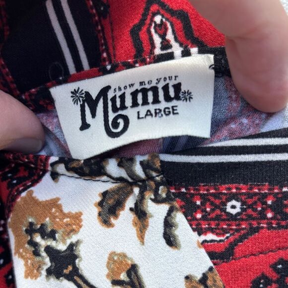 NWOT Show Me Your MuMu Red White Gold Black Patterned Dress Lace up Tassels - Picture 5 of 7